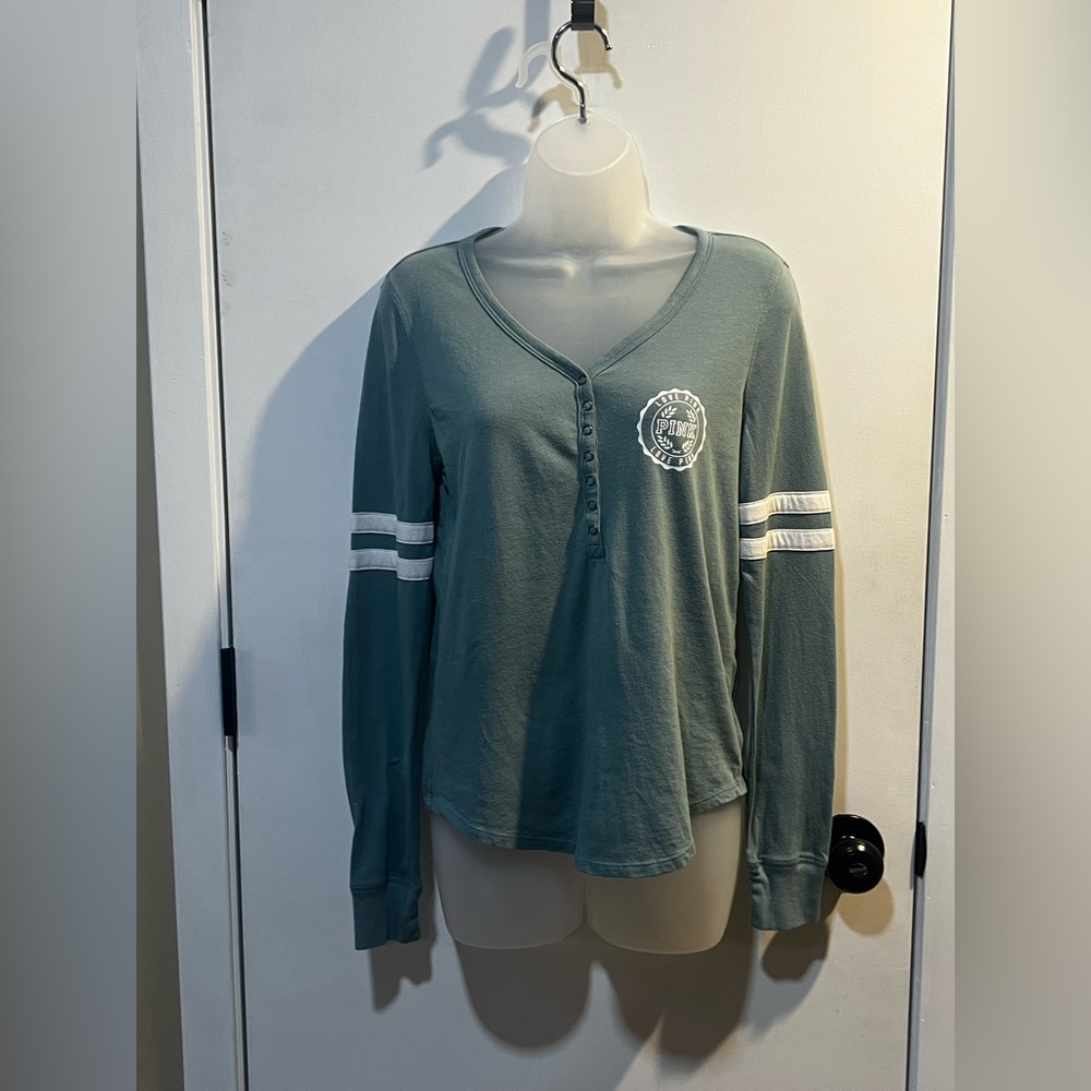 PINK Victoria's Secret Sage Green Long Sleeve Henley Tee with White Stripes